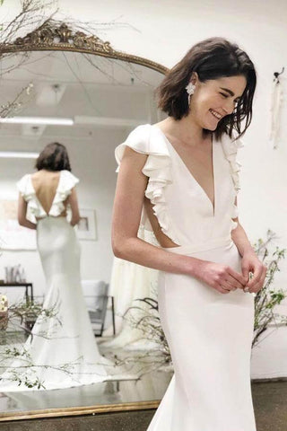 NumberSea Meerjungfrau-Brautkleid mit Flügelärmeln und V-Ausschnitt und Rüschen, Brautkleid, MW614