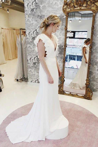 NumberSea Meerjungfrau-Brautkleid mit Flügelärmeln und V-Ausschnitt und Rüschen, Brautkleid, MW614