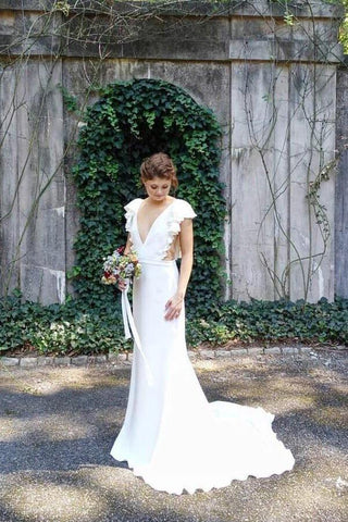 NumberSea Meerjungfrau-Brautkleid mit Flügelärmeln und V-Ausschnitt und Rüschen, Brautkleid, MW614