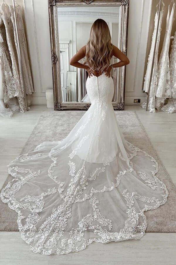 NumberSea Mermaid Deep V-neck Backless Lace Wedding Dresses With Chapel Train, MW809
