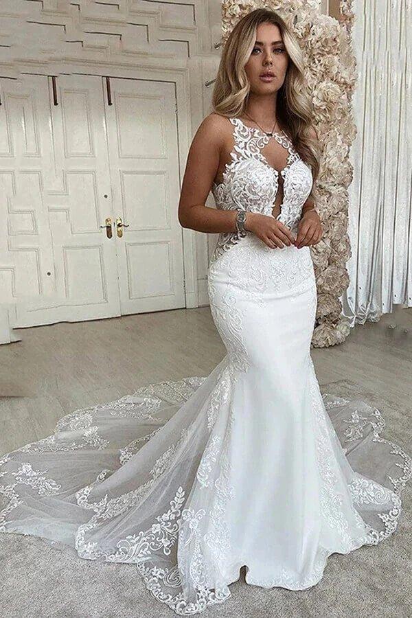 NumberSea Mermaid Deep V-neck Backless Lace Wedding Dresses With Chapel Train, MW809