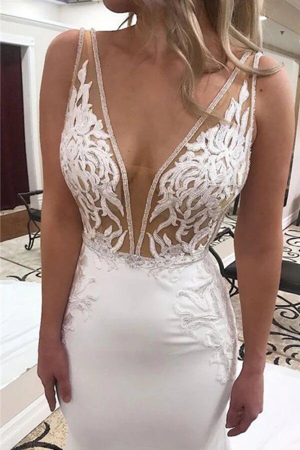 NumberSea Mermaid Deep V-neck Wedding Dresses With Lace Appliques, Bridal Gown, MW775