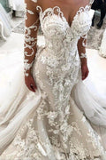 Robe de mariée NumberSea sirène avec traîne amovible, manches longues et décolleté en cœur, ornée d'appliqués, modèle MW484