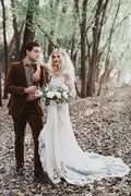 Vestito da Sposa NumberSea Sirena con Maniche non Foderate Abito da Sposa Spacco Frontale Pizzo Avorio, MW349