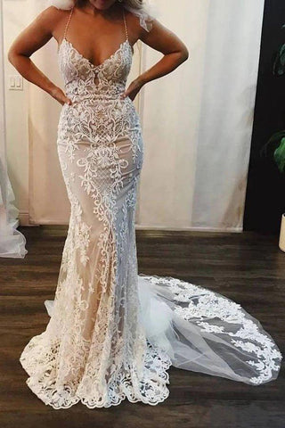 Vestidos de noiva NumberSea com aplicações de renda e alças finas, decote em V, cor marfim, MW311