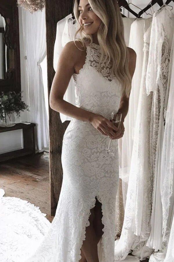 NumberSea Mermaid Lace Open Back Side Split Long Wedding Dresses, Bridal Gowns, MW758