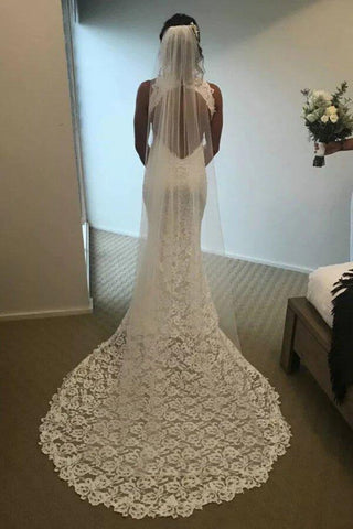 NumberSea Meerjungfrau Spitze Offener Rücken Seitlicher Schlitz Lange Brautkleider, Brautkleider, MW758