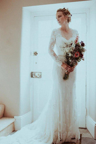 NumberSea Meerjungfrau-Brautkleid mit Spitze, V-Ausschnitt, langen Ärmeln und Schleppe, MW774