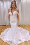 NumberSea Sirena Scollo Spalle Scoperte Appliques in Pizzo Abiti da Sposa con Strascico, MW760