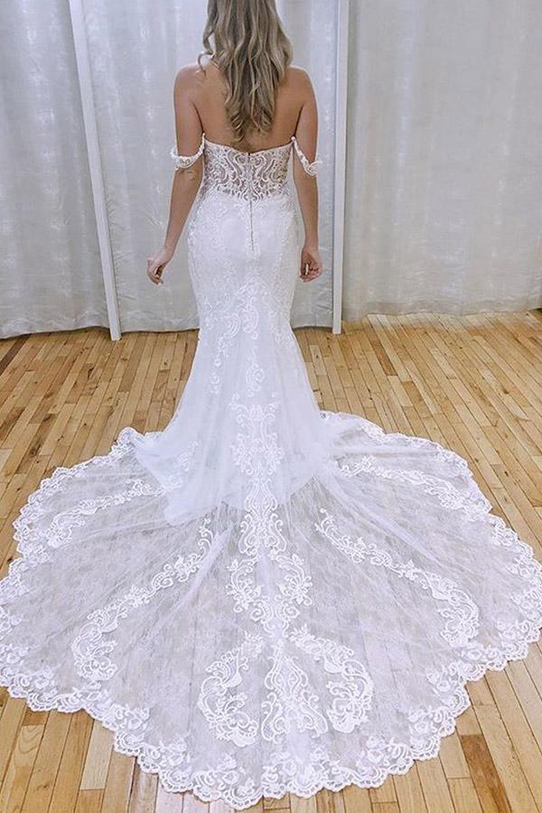 NumberSea Mermaid Off-the-Shoulder Lace Appliques Wedding Dresses With Train, MW760
