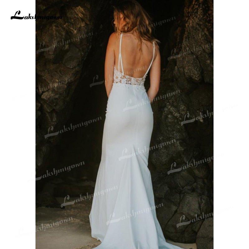 NumberSea Mermaid Soft Satin Wedding Dresses Spaghetti Straps Sleeveless Sexy Low V-Neck Beading Lace Appliques Cathedral Train Bride Gown