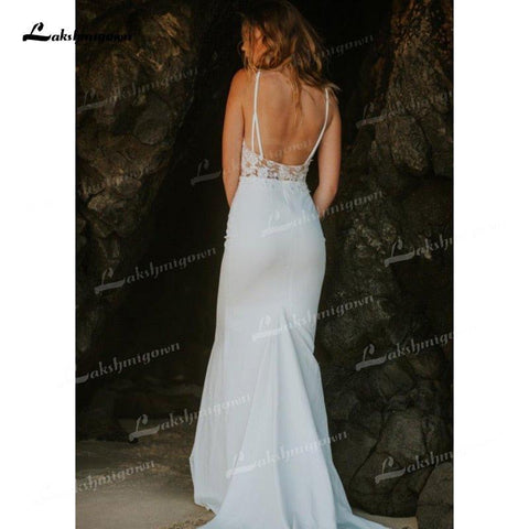 NumberSea Meerjungfrau-Brautkleider aus weichem Satin mit Spaghettiträgern, ärmellos, sexy, tiefer V-Ausschnitt, Perlenbesatz, Spitzenapplikationen, Kathedralenschleppe
