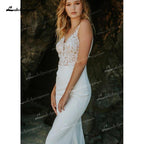 NumberSea Mermaid Soft Satin Wedding Dresses Spaghetti Straps Sleeveless Sexy Low V-Neck Beading Lace Appliques Cathedral Train Bride Gown