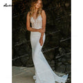 NumberSea Meerjungfrau-Brautkleider aus weichem Satin mit Spaghettiträgern, ärmellos, sexy, tiefer V-Ausschnitt, Perlenbesatz, Spitzenapplikationen, Kathedralenschleppe