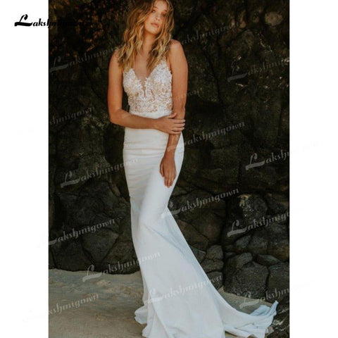 NumberSea Meerjungfrau-Brautkleider aus weichem Satin mit Spaghettiträgern, ärmellos, sexy, tiefer V-Ausschnitt, Perlenbesatz, Spitzenapplikationen, Kathedralenschleppe