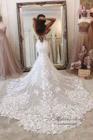 NumberSea Meerjungfrau-Brautkleid mit Spaghettiträgern, tiefem V-Ausschnitt und Schleppe, MW516