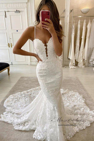 NumberSea Meerjungfrau-Brautkleid mit Spaghettiträgern, tiefem V-Ausschnitt und Schleppe, MW516