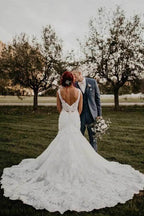 NumberSea Mermaid V-neck Lace Beaded Wedding Dresses With Train, Bridal Gown, MW802