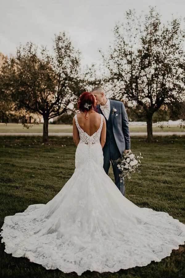 NumberSea Mermaid V-neck Lace Beaded Wedding Dresses With Train, Bridal Gown, MW802