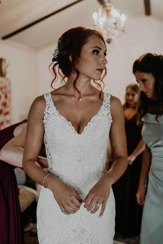 NumberSea Meerjungfrau V-Ausschnitt Spitze Perlen Brautkleider mit Schleppe, Brautkleid, MW802