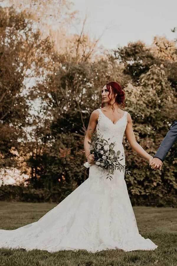 NumberSea Mermaid V-neck Lace Beaded Wedding Dresses With Train, Bridal Gown, MW802