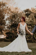 NumberSea Mermaid V-neck Lace Beaded Wedding Dresses With Train, Bridal Gown, MW802