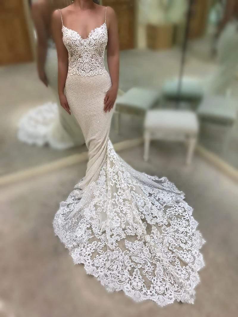 NumberSea Mermaid V-Neck Open Back Lace Wedding Dresses Bead