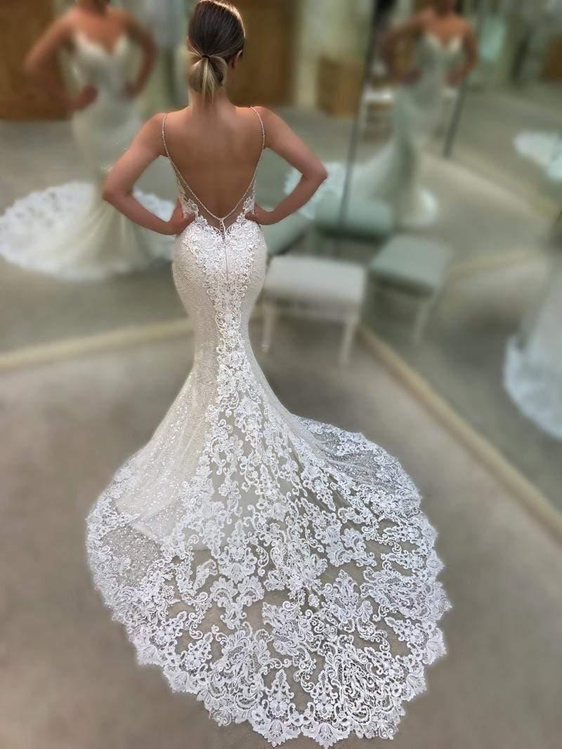 NumberSea Mermaid V-Neck Open Back Lace Wedding Dresses Bead