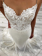 NumberSea Mermaid V-Neck Open Back Lace Wedding Dresses Bead