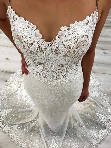 NumberSea Meerjungfrau V-Ausschnitt Open Back Spitze Brautkleider