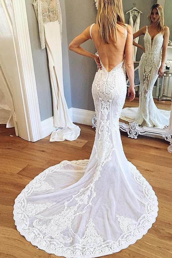 NumberSea Mermaid V-neck Open Back Lace Wedding Dresses with Train, Gorgeous Wedding Dresses,MW402