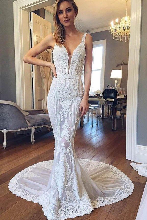 NumberSea Mermaid V-neck Open Back Lace Wedding Dresses with Train, Gorgeous Wedding Dresses,MW402