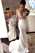 NumberSea Abiti da Sposa Mermaid con Scollo a V, Spalline Sottili, Satin Morbido e Pizzo, Abiti da Sposa Spiaggia, MW404