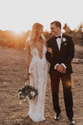 Vestito da sposa NumberSea sirena/tromba attrattivo lungo fino al pavimento con scollo a V e pizzo, MW439