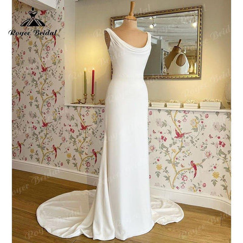 NumberSea Meerjungfrau/Trompete Boho Ärmelloses Brautkleid Scoop Neck Beach Sweep Beach Off White Soft Satin vestido de boda corte sirena