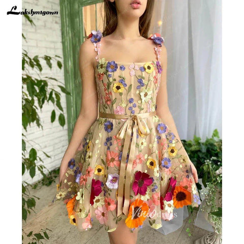 Vestido de festa em renda com saia mini evasé em forma de A, com alças florais 3D, em forma de coração, aplicações coloridas, vestido de noiva 