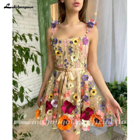 Vestido de festa em renda com saia mini evasé em forma de A, com alças florais 3D, em forma de coração, aplicações coloridas, vestido de noiva 
