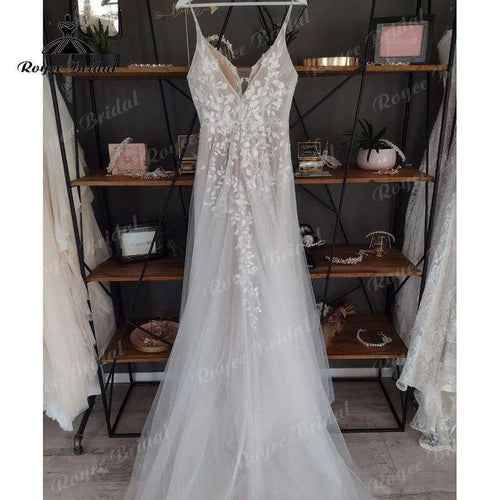 NumeroMare Abito da Sposa Moderno con Spalline Sottili, Scollo a V, Pizzo, Applicazioni, Stile Bohémien 2025, Linea A, Spiaggia, Senza Schienale, Vestito Bohemien per Nozze, Abiti Nuziali