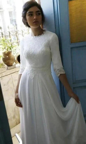 NumberSea Schlichtes Brautkleid aus Chiffon mit 3/4-Ärmeln und bodenlanger Spitze, MW724