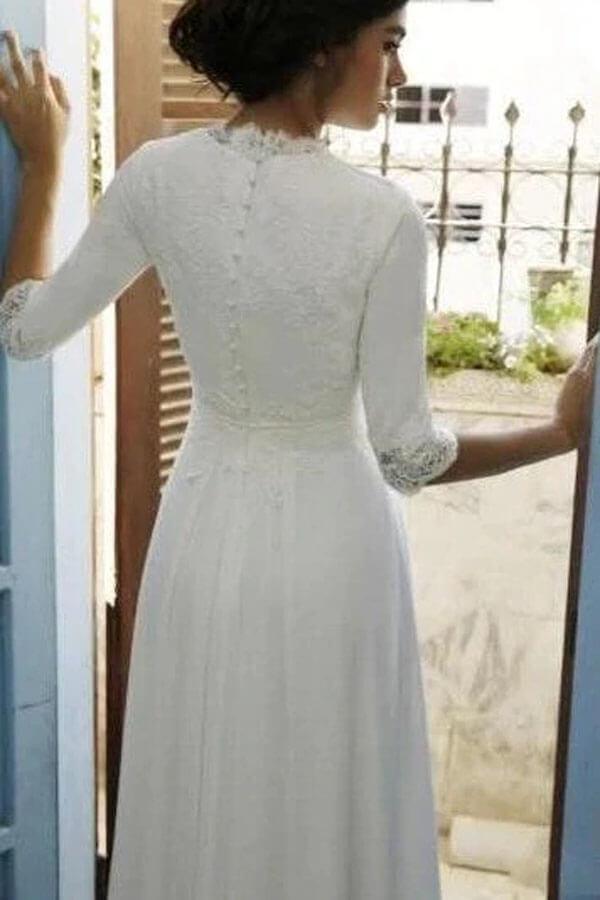 NumberSea Modest 3/4 Sleeves Floor Length Chiffon Wedding Dresses with Lace Top, MW724