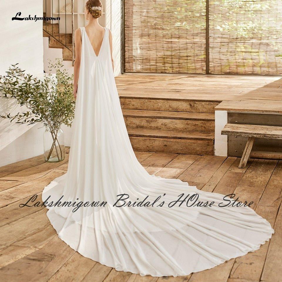 NumberSea Modest Bridal Robe Satin Wedding Dress Long Cape 2022 V neck Civil Boho Mermaid Wedding Gowns Front Split Lakshmigown
