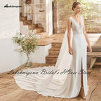 NumberSea Modest Bridal Robe Satin Wedding Dress Long Cape 2022 V neck Civil Boho Mermaid Wedding Gowns Front Split Lakshmigown