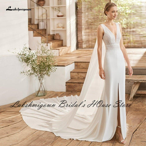 NumberSea Bescheidene Brautrobe Satin Hochzeitskleid Langer Umhang 2022 V-Ausschnitt Zivil Boho Meerjungfrau Hochzeitskleider Vorne Split Lakshmigown