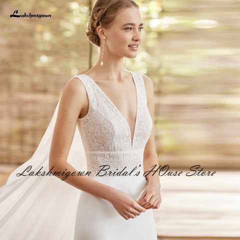 NumberSea Bescheidene Brautrobe Satin Hochzeitskleid Langer Umhang 2022 V-Ausschnitt Zivil Boho Meerjungfrau Hochzeitskleider Vorne Split Lakshmigown