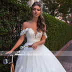 NumberSea Modest Long Sleeve Wedding Dress Scoop Satin Appliqued