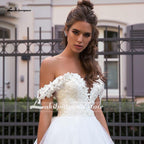 NumberSea Modest Long Sleeve Wedding Dress Scoop Satin Appliqued