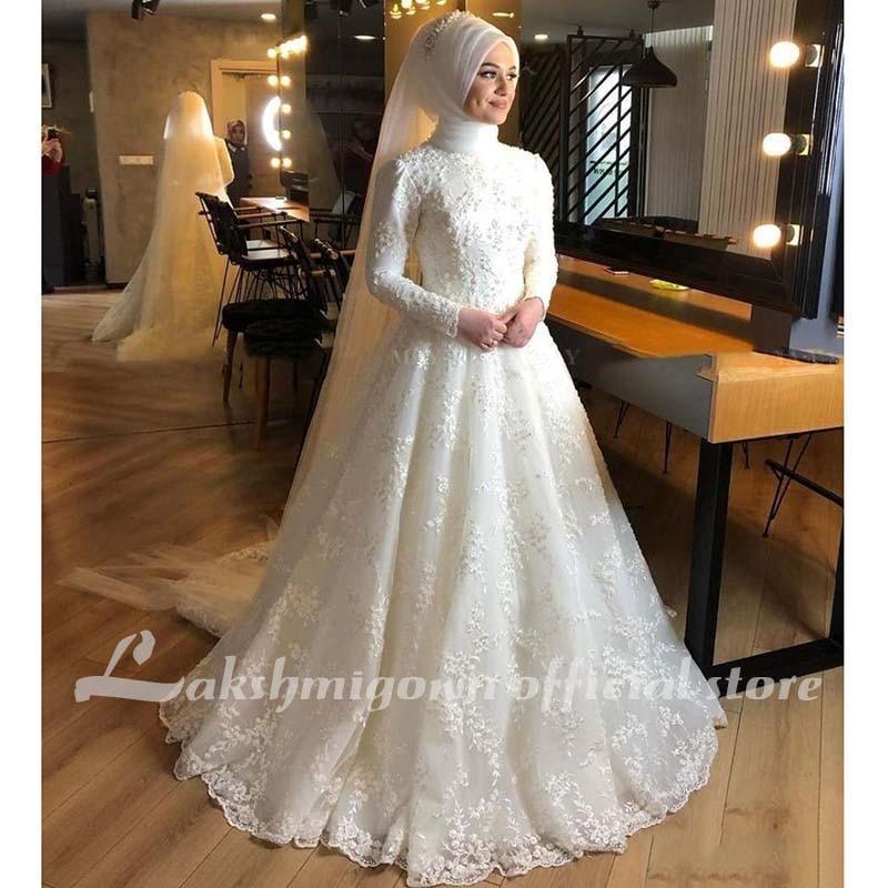NumberSea Modest Muslim Wedding Dresses Long Sleeves