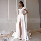 NumberSea Modest Side Slit V-Neck Wedding Dresses Fashion Short Sleeve Sweep Train A Line Bridal Gowns with Pockets Robe De Mariée