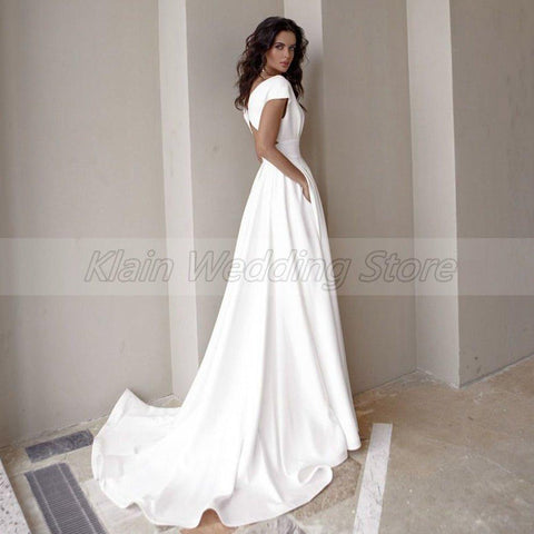 NumberSea Bescheidenes Brautkleid mit seitlichem Schlitz und V-Ausschnitt, modische Kurzarm-Schleppe, A-Linie, Brautkleider mit Taschen, Robe De Mariée