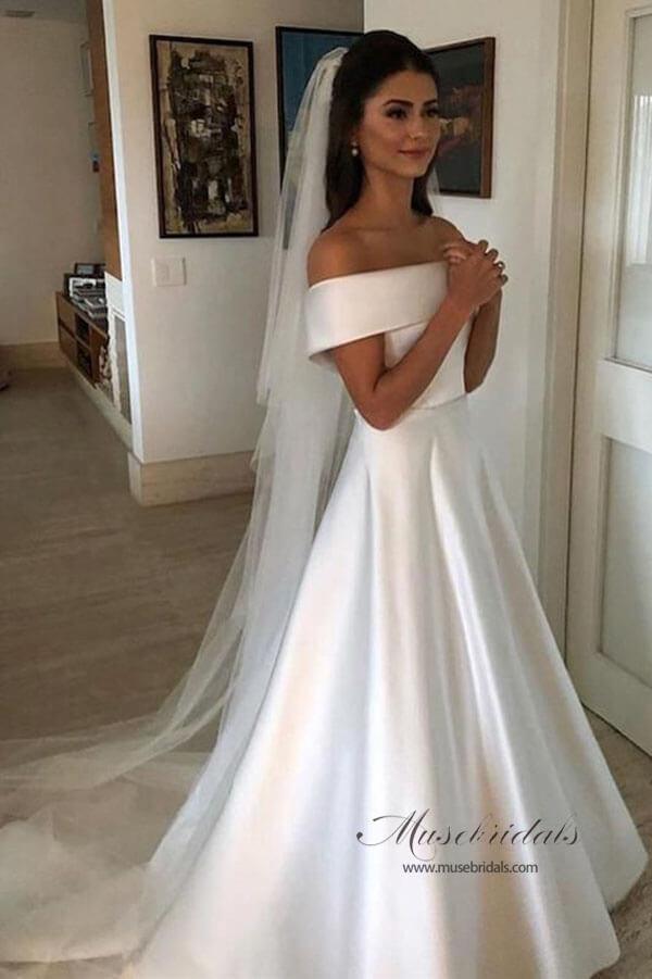 NumberSea Schlichtes, schlichtes, schulterfreies Brautkleid in Elfenbein, A-Linie, MW517